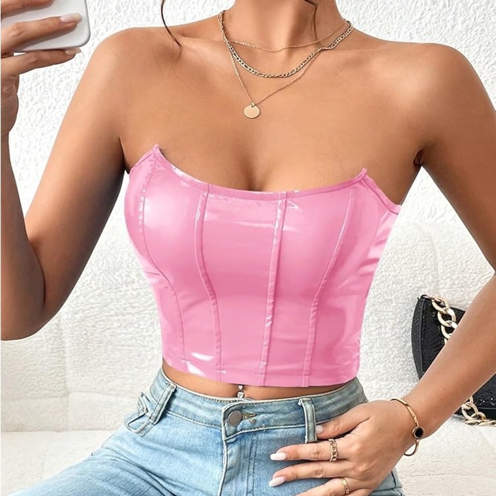 BADDIEVILLE: Faux Leather Bandeau Corset Tube Top (Pink)